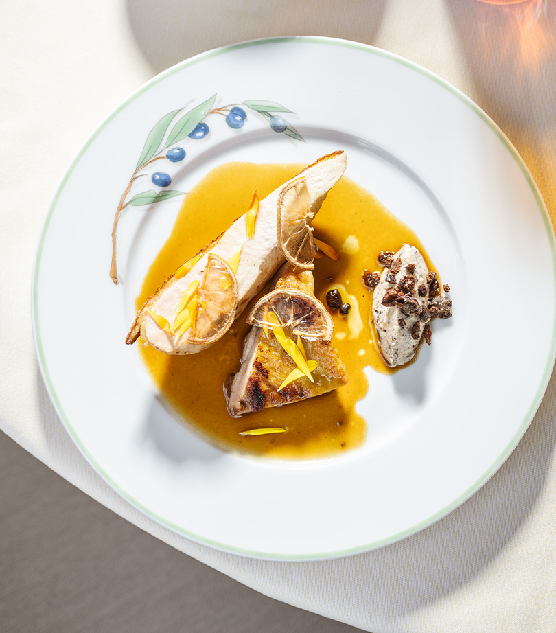 Poulet jaune mariné au citron, Jardin Ducasse Baccarat